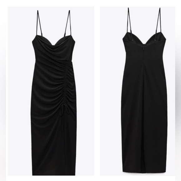 Zara Black Draped Strappy Ruched Midi Dress | Size Small Blogger Favorite - Picture 2 of 13